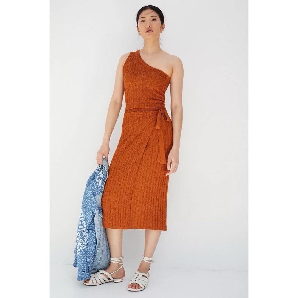 NWT!!‎ Anthropologie CURRENT AIR Ribbed Knit Skirt Set Cable Knit Orange Small
